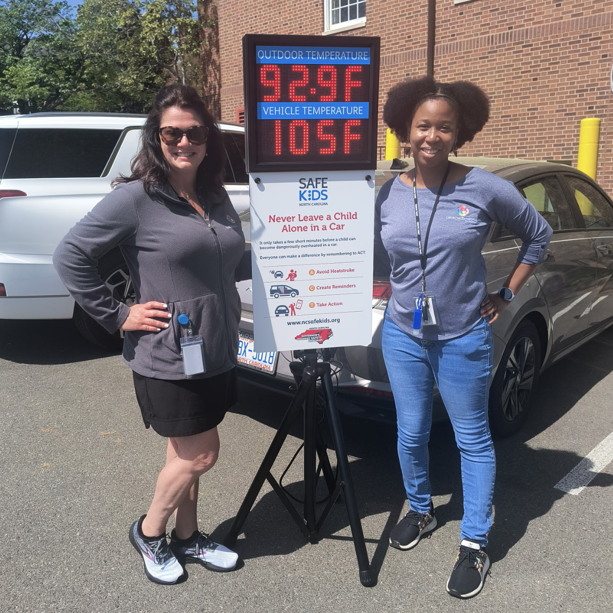 Home page Events CTA - Two women at a Safe Kids Cabarrus event showing car temperatures