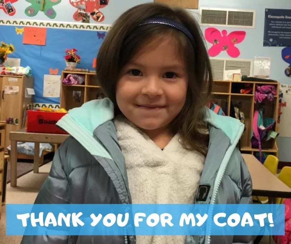 young girl in blue coat with text that reads thank you for my coat